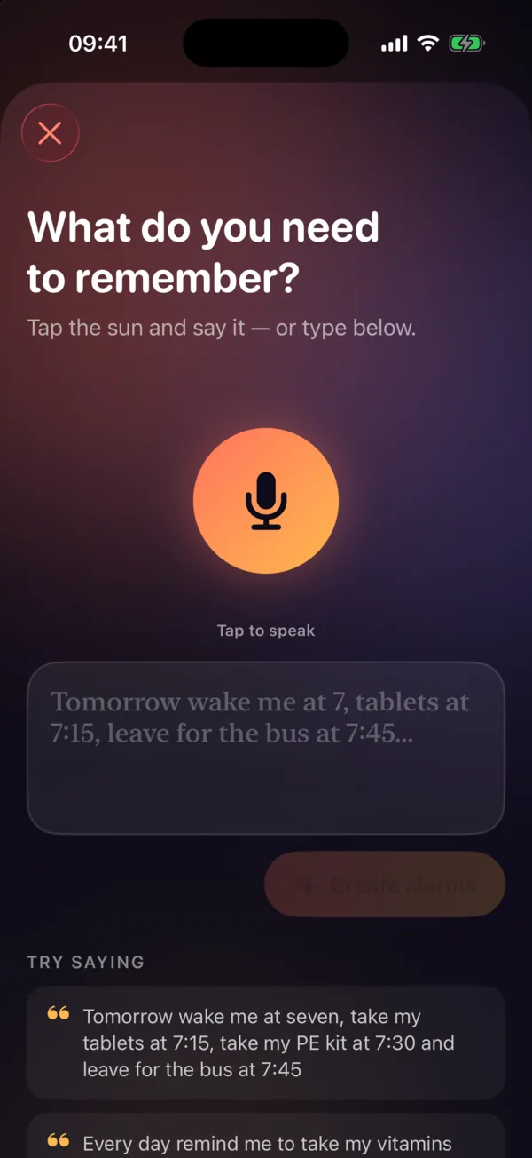 SayAlarm composer: “What do you need to remember?” with a large microphone button and example phrases.