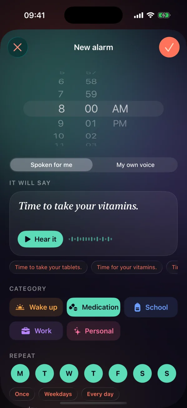 SayAlarm alarm editor with time picker, Spoken for me or My own voice toggle, message “Time to take your vitamins.” and category and repeat options.