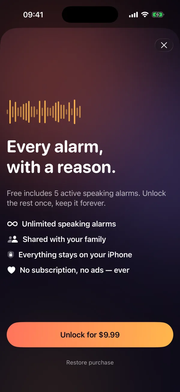 Lifetime unlock screen: every alarm, with a reason, unlock for $9.99.